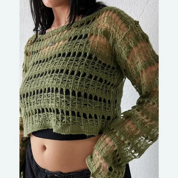 BDG URBAN OUTFITTERS Ladder Cobweb Crop Sweater, Olive, Grunge, Y2K, Beachy, M - Picture 5 of 10